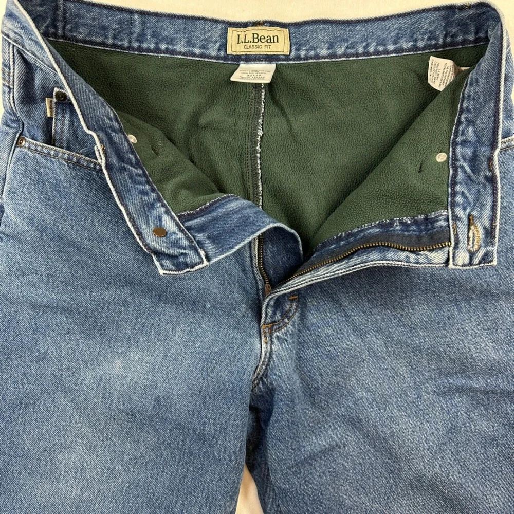 LL Bean Green Fleece Lined Jeans Mens 33x29 Blue‎ Classic Fit Denim Gorpcore